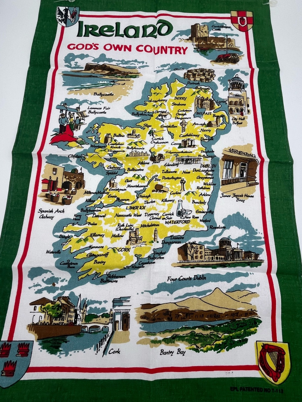 Vintage Ireland God’s country CottonYellow & Green Tea Towel Irish Crest